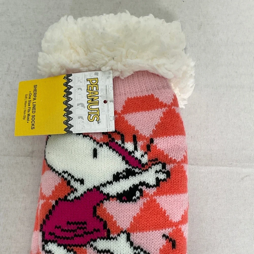 Peanuts Snoopy Sherpa Lined Orange Non-Slip Slipper Socks Women's One Size NWT